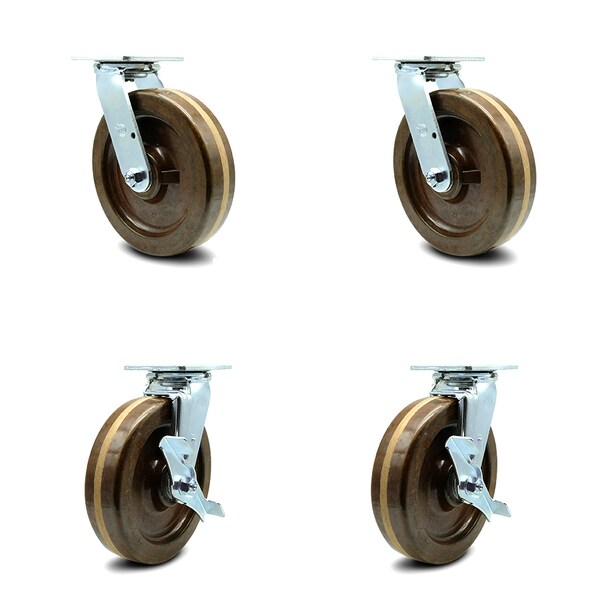 8 Inch High Temp Phenolic Swivel Caster Set with Roller Bearings 2 Brakes SCC